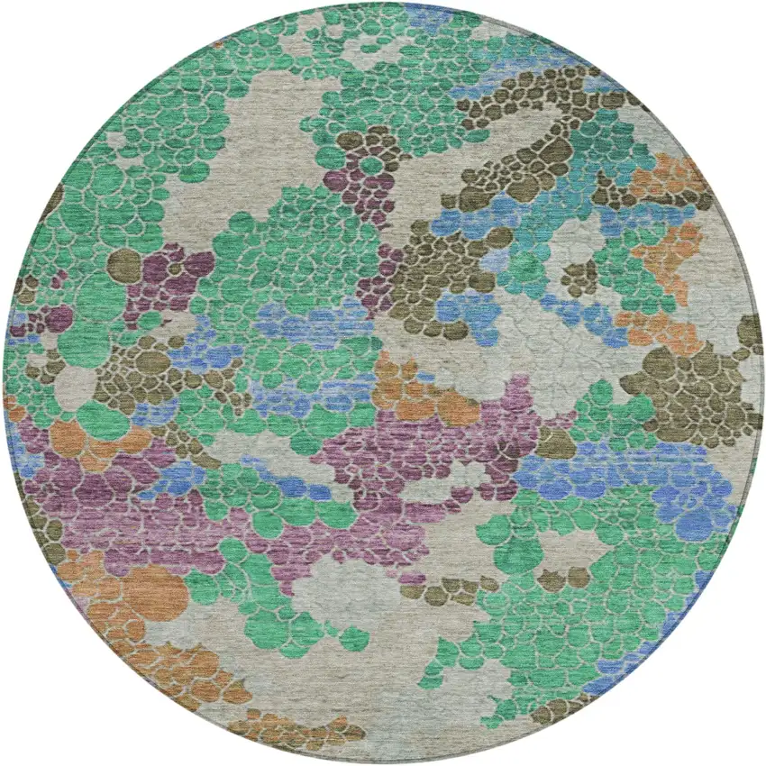 8' Green Copper And Blue Round Geometric Washable Indoor Outdoor Area Rug Photo 1