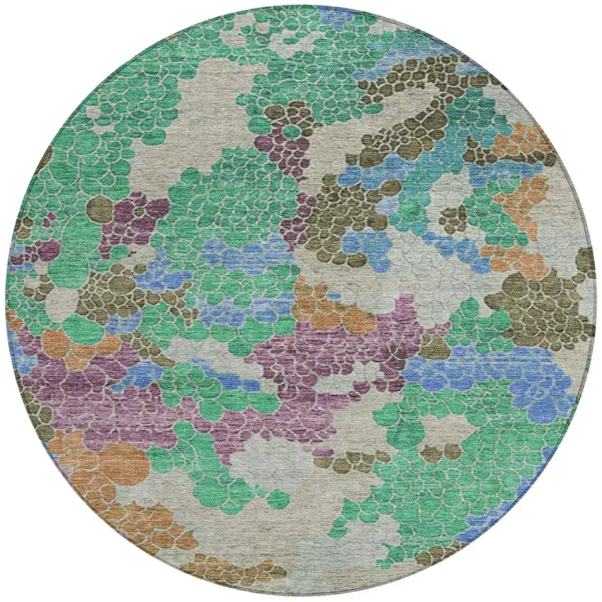 8' Green Copper And Blue Round Geometric Washable Indoor Outdoor Area Rug Photo 3