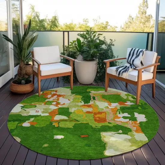8' Green Copper And Brown Round Abstract Washable Indoor Outdoor Area Rug Photo 7