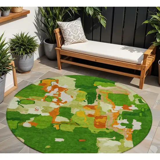 8' Green Copper And Brown Round Abstract Washable Indoor Outdoor Area Rug Photo 1