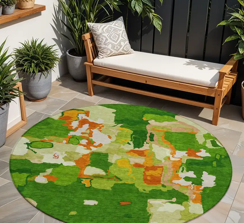8' Green Copper And Brown Round Abstract Washable Indoor Outdoor Area Rug Photo 1