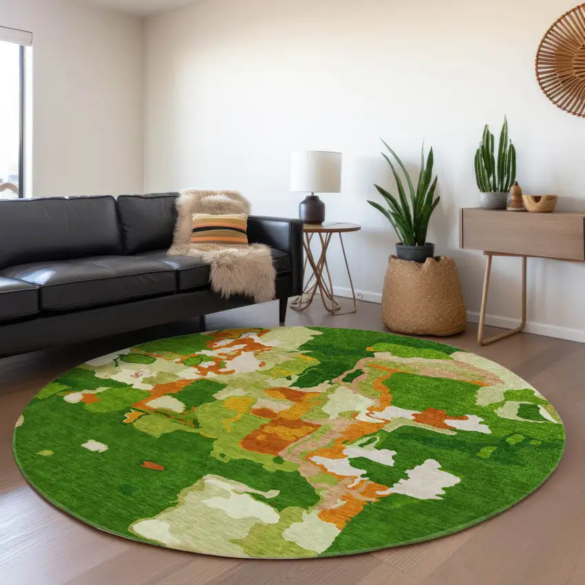 8' Green Copper And Brown Round Abstract Washable Indoor Outdoor Area Rug Photo 8