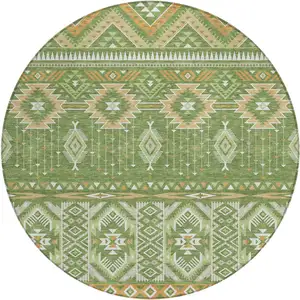 Photo of 8' Green Copper And Ivory Round Aztec Washable Indoor Outdoor Area Rug