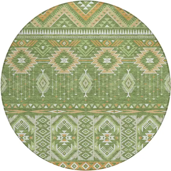 8' Green Copper And Ivory Round Aztec Washable Indoor Outdoor Area Rug Photo 1