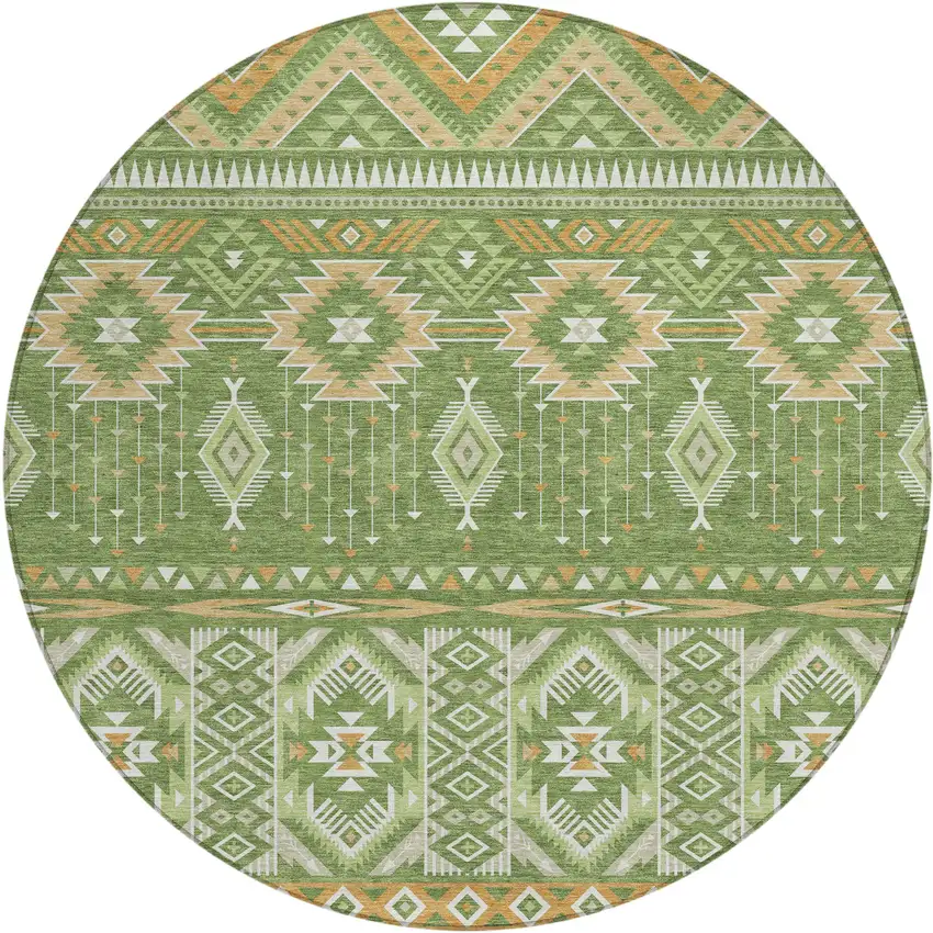 8' Green Copper And Ivory Round Aztec Washable Indoor Outdoor Area Rug Photo 1