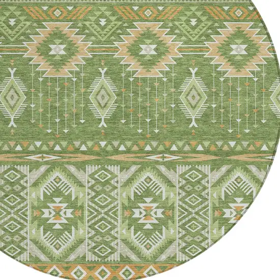8' Green Copper And Ivory Round Aztec Washable Indoor Outdoor Area Rug Photo 8