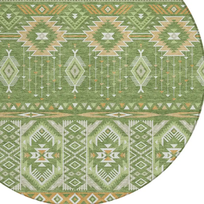 8' Green Copper And Ivory Round Aztec Washable Indoor Outdoor Area Rug Photo 8