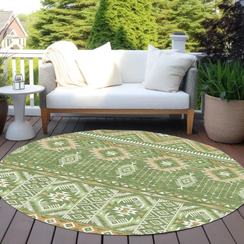 8' Green Copper And Ivory Round Aztec Washable Indoor Outdoor Area Rug Photo 5