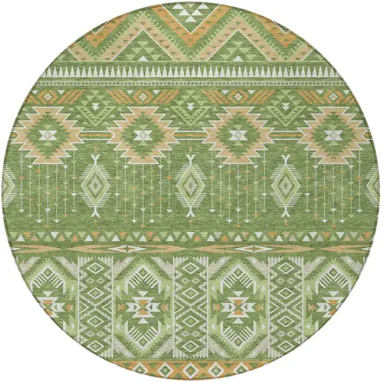 8' Green Copper And Ivory Round Aztec Washable Indoor Outdoor Area Rug Photo 3