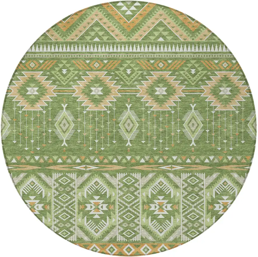 8' Green Copper And Ivory Round Aztec Washable Indoor Outdoor Area Rug Photo 3
