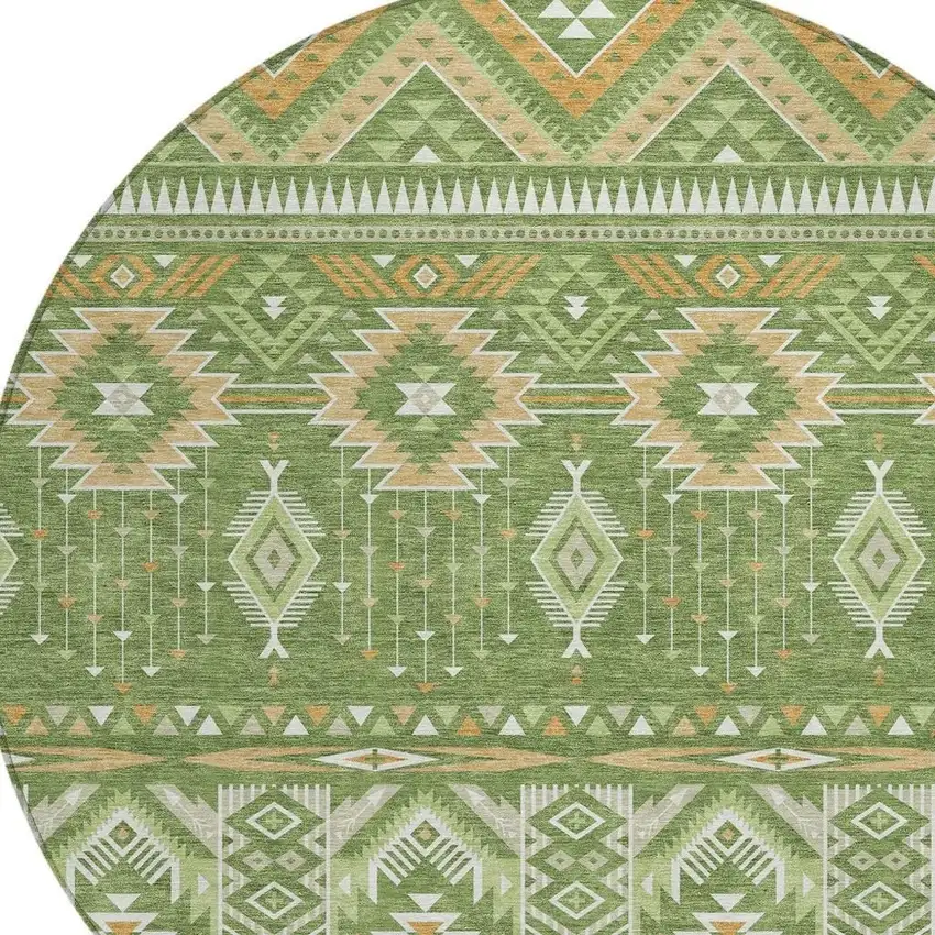 8' Green Copper And Ivory Round Aztec Washable Indoor Outdoor Area Rug Photo 4