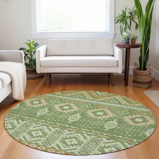 8' Green Copper And Ivory Round Aztec Washable Indoor Outdoor Area Rug Photo 6