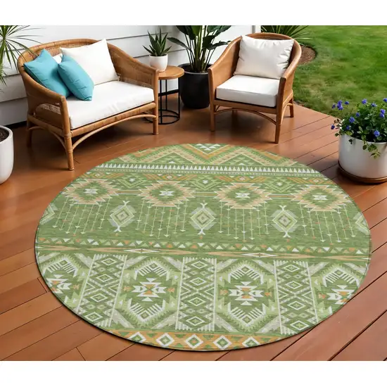 8' Green Copper And Ivory Round Aztec Washable Indoor Outdoor Area Rug Photo 2