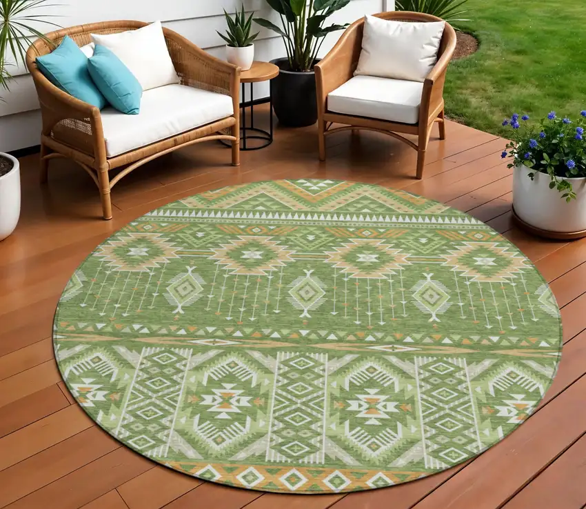 8' Green Copper And Ivory Round Aztec Washable Indoor Outdoor Area Rug Photo 2