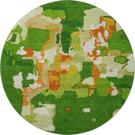 8' Green Copper And Orange Abstract Washable Round Rug With UV Protection Photo 3