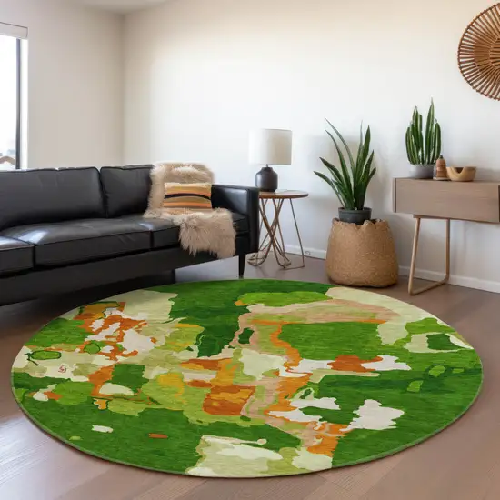 8' Green Copper And Orange Abstract Washable Round Rug With UV Protection Photo 4