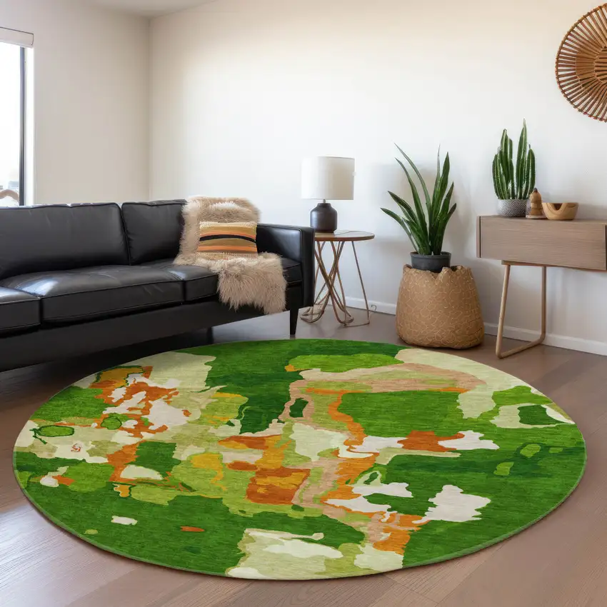 8' Green Copper And Orange Abstract Washable Round Rug With UV Protection Photo 4