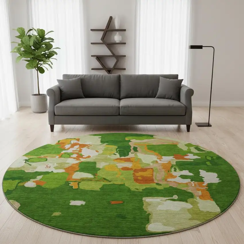 8' Green Copper And Orange Abstract Washable Round Rug With UV Protection Photo 2