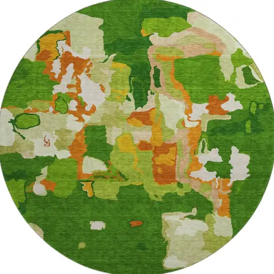 8' Green Copper And Orange Abstract Washable Round Rug With UV Protection Photo 2