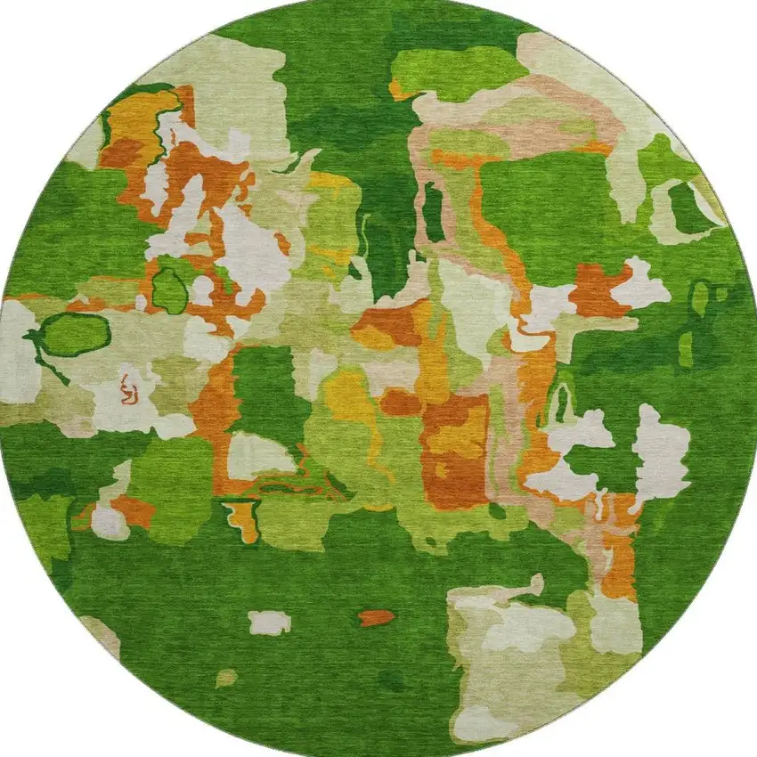 8' Green Copper And Orange Abstract Washable Round Rug With UV Protection Photo 2