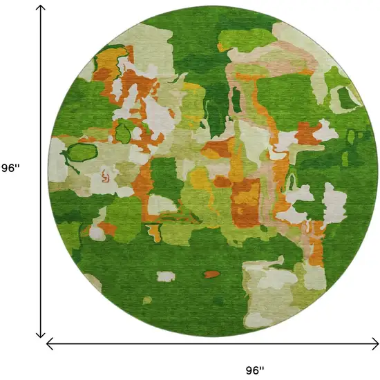 8' Green Copper And Orange Abstract Washable Round Rug With UV Protection Photo 9