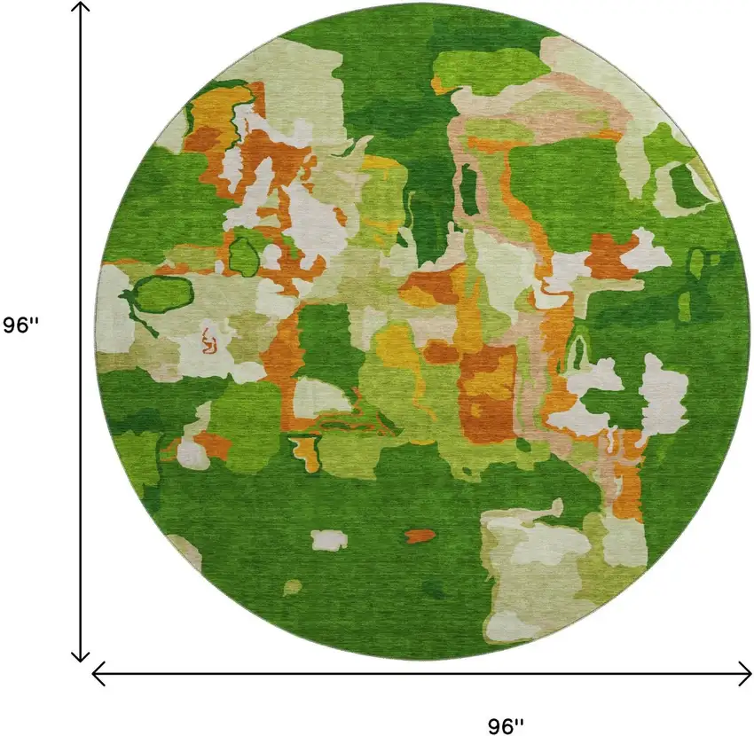 8' Green Copper And Orange Abstract Washable Round Rug With UV Protection Photo 9