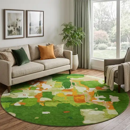 8' Green Copper And Orange Abstract Washable Round Rug With UV Protection Photo 1