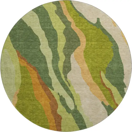 8' Green Copper And Peach Abstract Washable Round Rug With UV Protection Photo 1