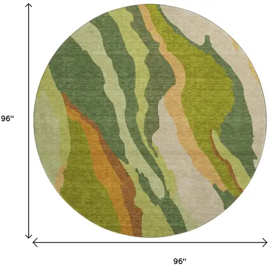 8' Green Copper And Peach Abstract Washable Round Rug With UV Protection Photo 9
