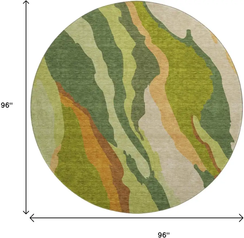 8' Green Copper And Peach Abstract Washable Round Rug With UV Protection Photo 9