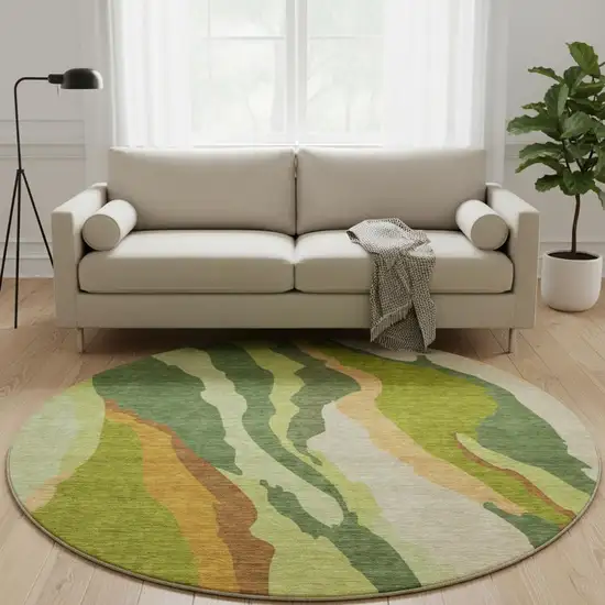 8' Green Copper And Peach Abstract Washable Round Rug With UV Protection Photo 2