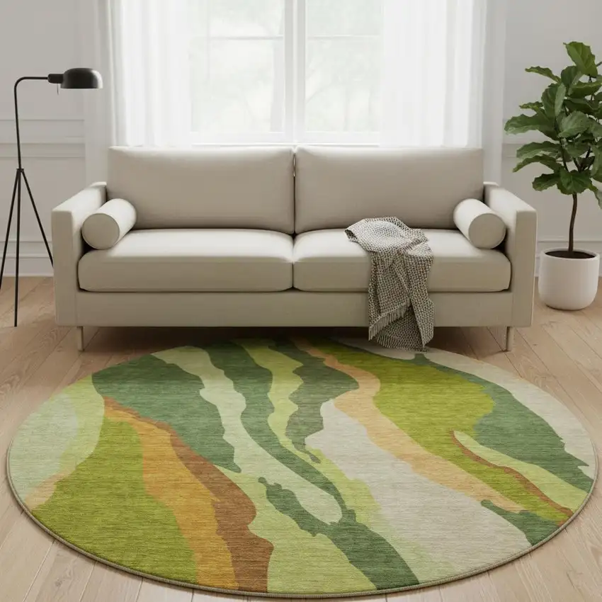 8' Green Copper And Peach Abstract Washable Round Rug With UV Protection Photo 2