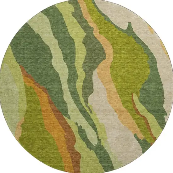 8' Green Copper And Peach Abstract Washable Round Rug With UV Protection Photo 3