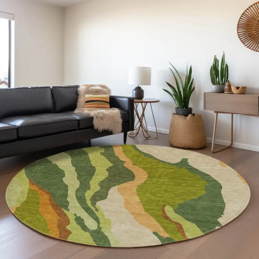 8' Green Copper And Peach Abstract Washable Round Rug With UV Protection Photo 4