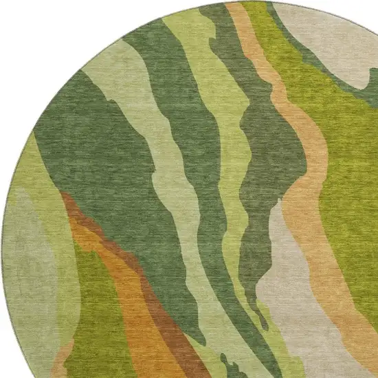 8' Green Copper And Peach Abstract Washable Round Rug With UV Protection Photo 2