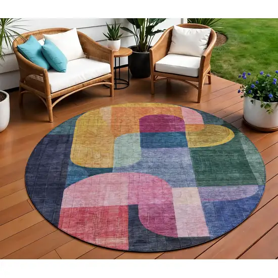 8' Green Copper And Pink Round Abstract Washable Indoor Outdoor Area Rug Photo 1