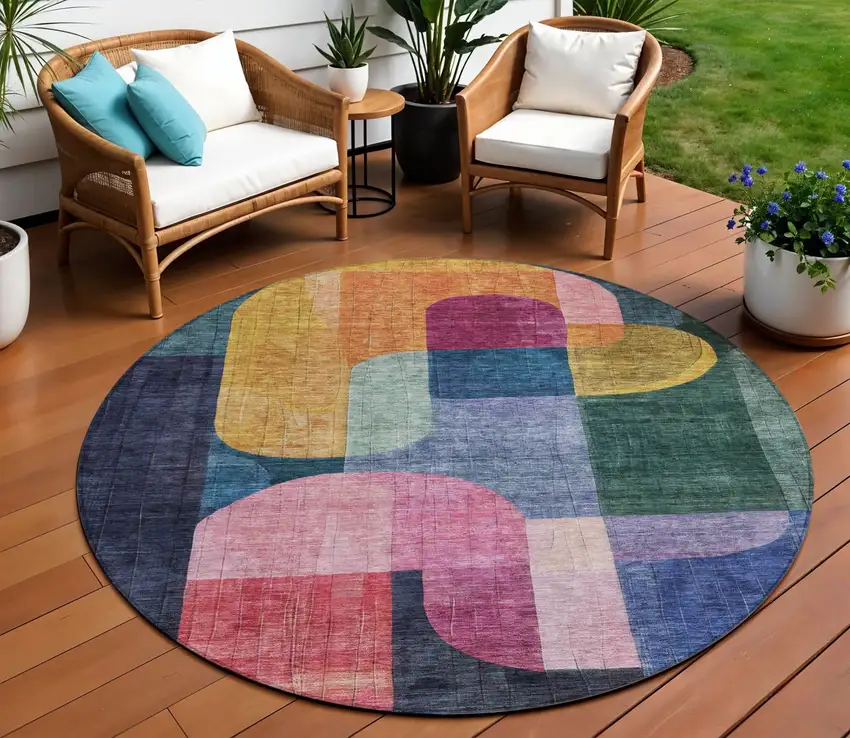 8' Green Copper And Pink Round Abstract Washable Indoor Outdoor Area Rug Photo 1