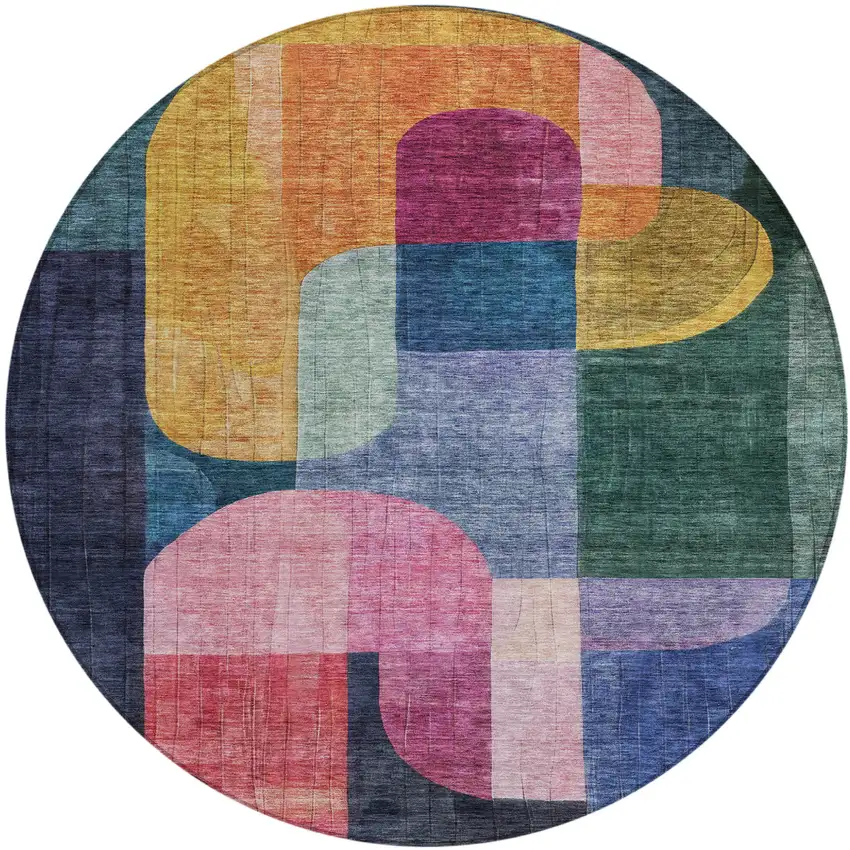 8' Green Copper And Pink Round Abstract Washable Indoor Outdoor Area Rug Photo 2