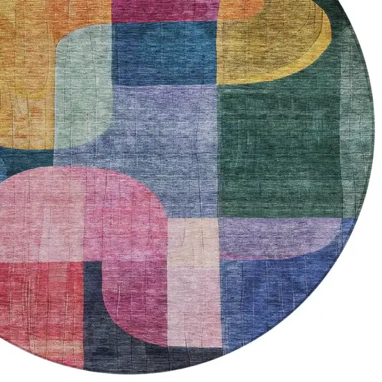8' Green Copper And Pink Round Abstract Washable Indoor Outdoor Area Rug Photo 5