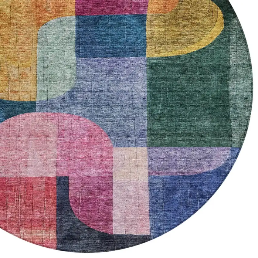 8' Green Copper And Pink Round Abstract Washable Indoor Outdoor Area Rug Photo 5