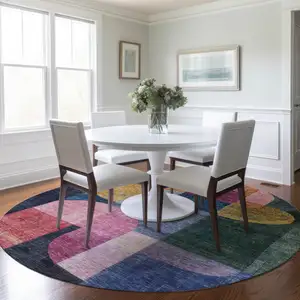 Photo of 8' Green Copper And Pink Round Abstract Washable Indoor Outdoor Area Rug