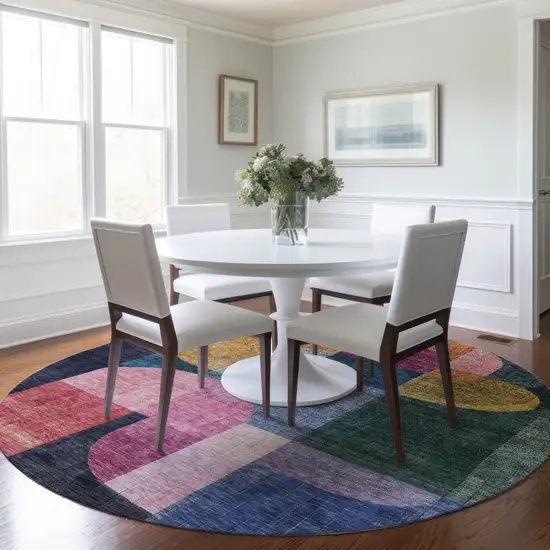 8' Green Copper And Pink Round Abstract Washable Indoor Outdoor Area Rug Photo 9