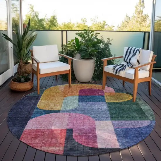 8' Green Copper And Pink Round Abstract Washable Indoor Outdoor Area Rug Photo 8