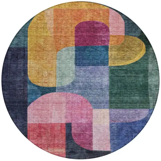 8' Green Copper And Pink Round Abstract Washable Indoor Outdoor Area Rug Photo 7