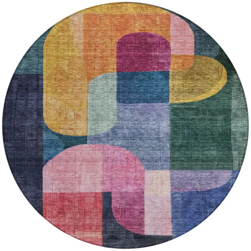8' Green Copper And Pink Round Abstract Washable Indoor Outdoor Area Rug Photo 7