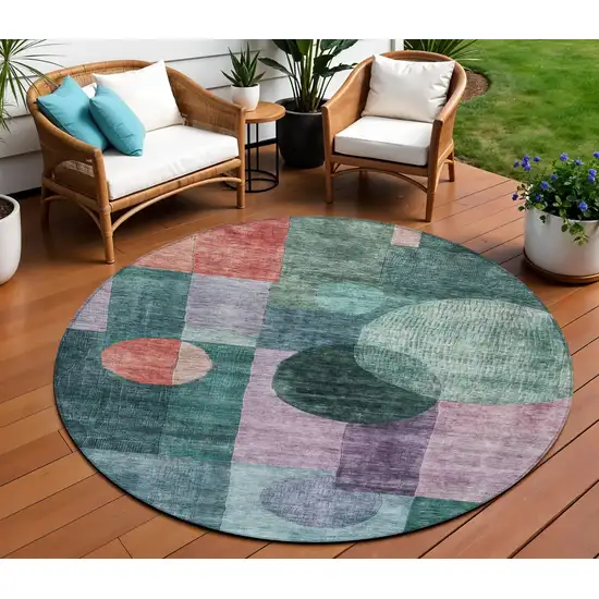 8' Green Copper And Purple Round Geometric Washable Indoor Outdoor Area Rug Photo 1