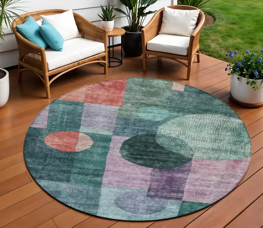 8' Green Copper And Purple Round Geometric Washable Indoor Outdoor Area Rug Photo 1