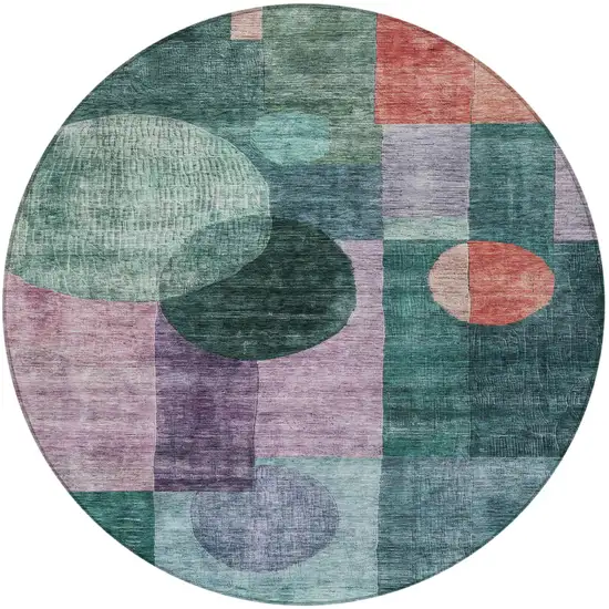 8' Green Copper And Purple Round Geometric Washable Indoor Outdoor Area Rug Photo 7