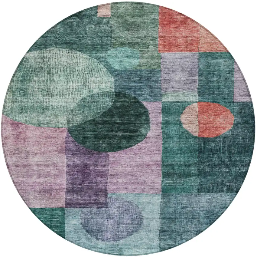 8' Green Copper And Purple Round Geometric Washable Indoor Outdoor Area Rug Photo 7