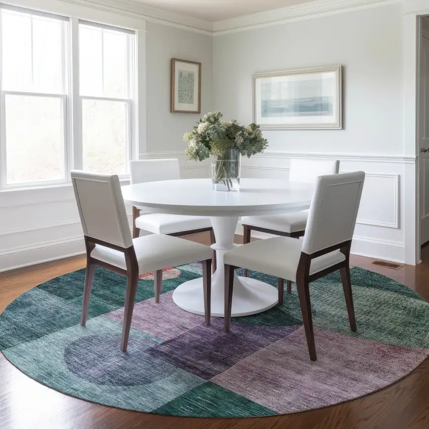 8' Green Copper And Purple Round Geometric Washable Indoor Outdoor Area Rug Photo 9